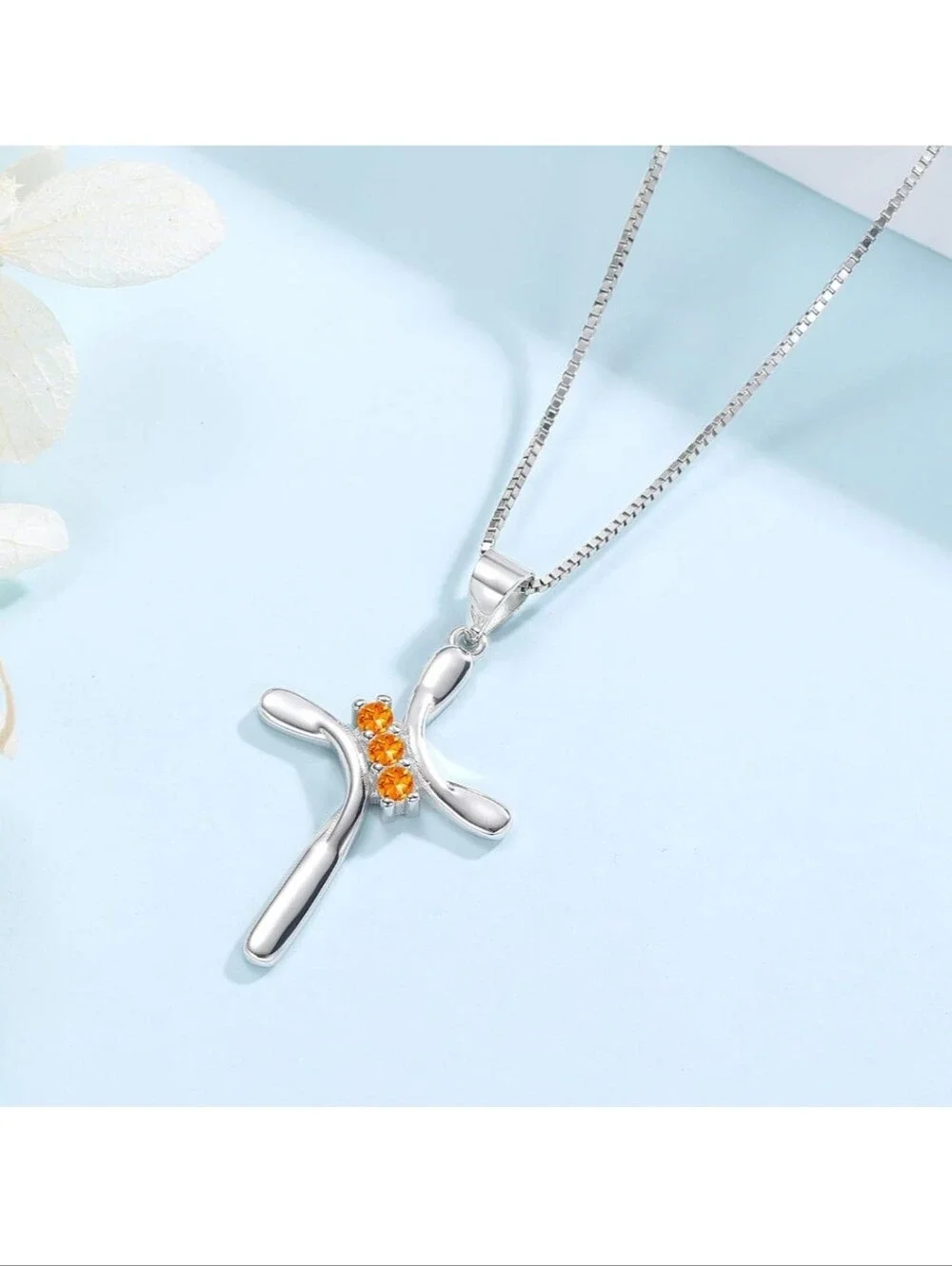 Sterling Silver Cross Necklace with Orange Gem Accents